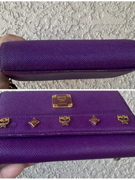 MCM Purple Saffiano Leather Logo Plaque Wallet with Gold Studs - Picture 11 of 12